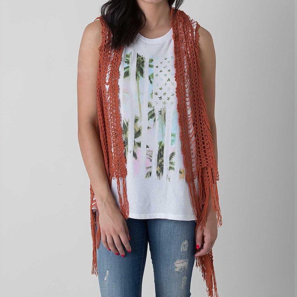 POL Burnt Orange Open Knit Crochet Fringe Vest Cardigan Size Large